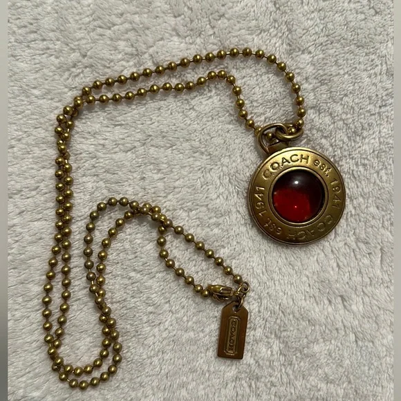 Coach Logo Pendant In Gold Tone with Amber Glass Center on Gold Tone Chain - Picture 8 of 16